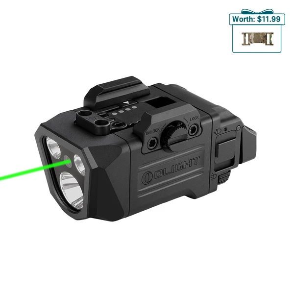 Olight Black Osight R Weapon Light Side View with Green Laser Beam for Tactical and Home Defense Use