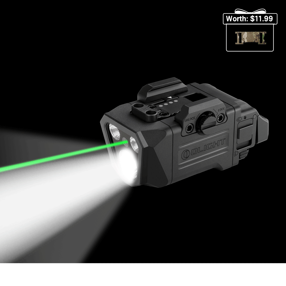 Olight Black Osight R Weapon Light emitting a bright white beam and green laser sight for tactical defense and targeting