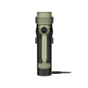 Olight olive green tactical flashlight charging in a black plastic holster sheath with USB cable connected