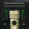 Tactical flashlight featuring a metal rotary side switch with LED brightness and battery level indicators.