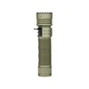 Olive green tactical flashlight showing open USB-C charging port and textured grip on white background