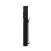 Side profile of a slim black EDC flashlight showing the textured grip, side switch, and sturdy pocket clip.