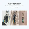 Compact keychain flashlight attached to car keys, pants, and necklace, illustrating portability and convenience.
