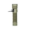 Olive green tactical flashlight with textured grip charging via USB-C cable against a white background