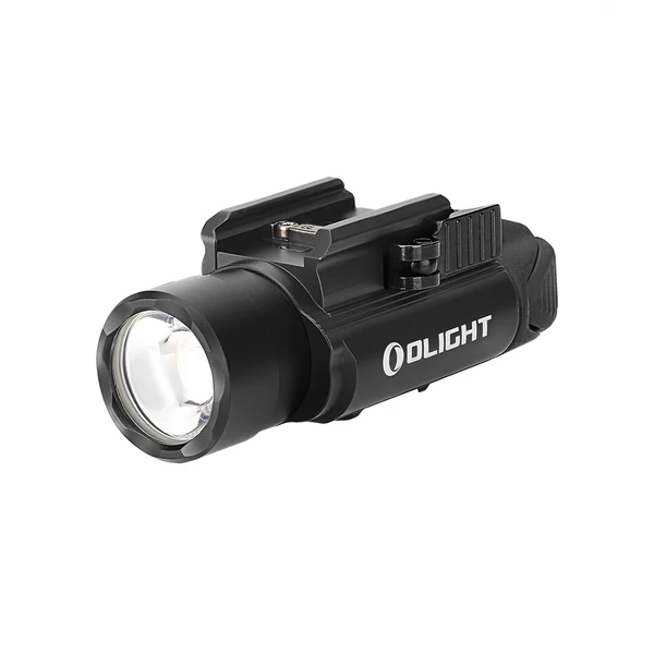Olight black tactical weapon light with rail mount isolated on white background