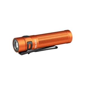 Olight orange flashlight with textured grip, black clip, and side button