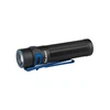 Black flashlight with blue accents and clip, Olight logo.