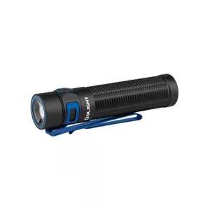 Black flashlight with blue accents and clip, Olight logo.