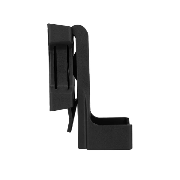 Black polymer duty belt radio holder side view isolated on white background