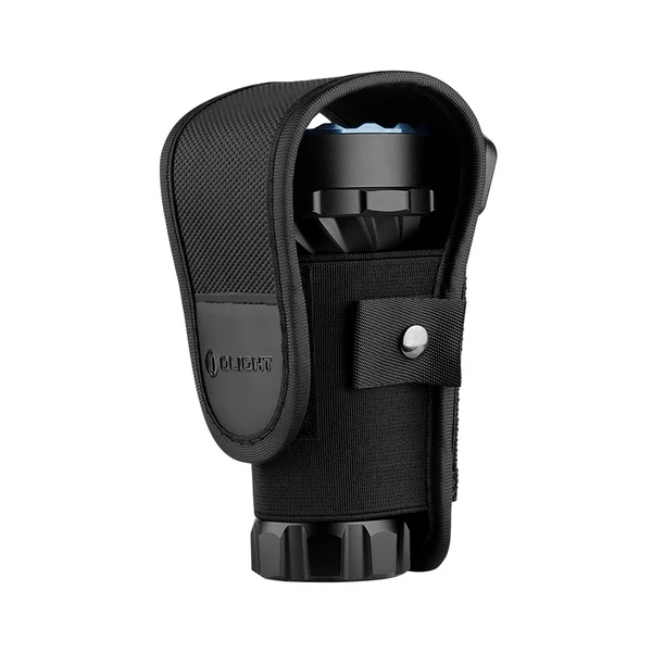 Black tactical flashlight holster with Olight branding, designed for secure and quick access, isolated white background