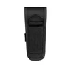 Tactical flashlight pouch, black nylon, vertical, with belt loop and D-ring, isolated white background.