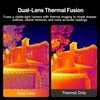 Dual-lens thermal fusion image of a building, showing enhanced detail and temperature readings compared to thermal-only.