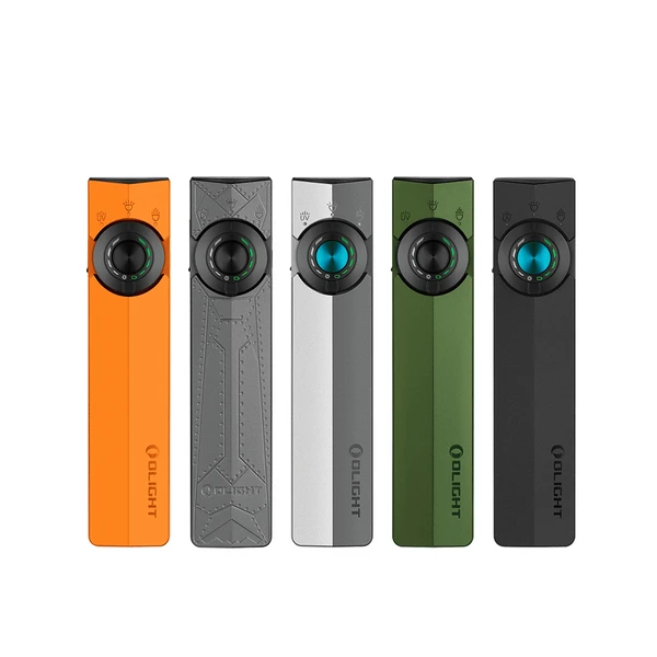 Olight Black ArkPro Top View with a Blue Control Dial and Functional Icons for Illumination and UV Light
