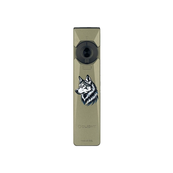Olight Olive Drab Arkfeld Ultra Flat Flashlight Front View with Custom Wolf Graphic for EDC and Outdoor Adventure