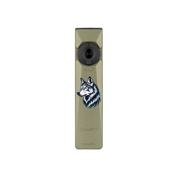 Olight Olive Drab Arkfeld Ultra Flat Flashlight Front View with Custom Wolf Graphic for EDC and Outdoor Adventure
