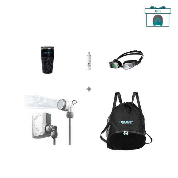 Olight White TINY SHOWER Portable Outdoor Shower Set with Tumbler, Goggles, and Drawstring Backpack for Camping and Travel