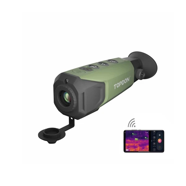TOPDON green thermal monocular, phone displaying live thermal image with Wi-Fi connectivity