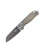 Folding knife with gray micarta handle, blue accents, black tanto blade