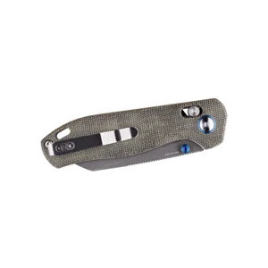 Green canvas micarta folding knife with a black pocket clip and blue accents.