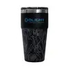 Black Olight insulated tumbler with blue logo and silver topographic map design.