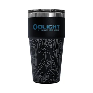 Black Olight insulated tumbler with blue logo and silver topographic map design.