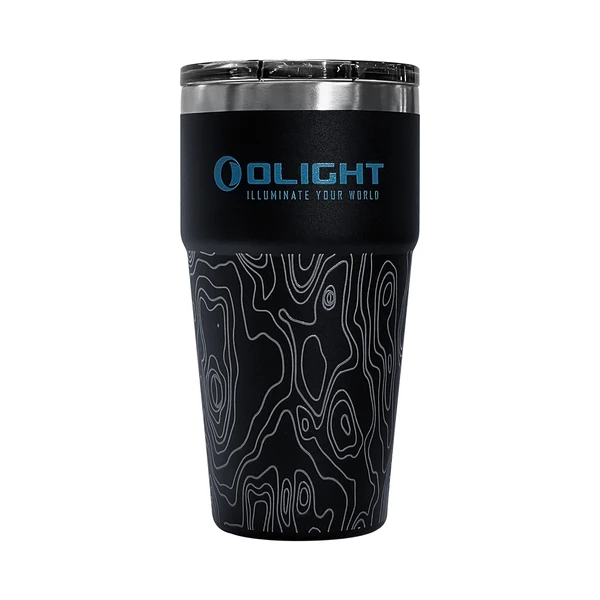 Black Olight insulated tumbler with blue logo and silver topographic map design.