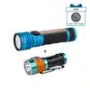 Olight Blue Seeker 4 Pro flashlight with textured grip and blue-orange Oclip Pro portable light with pocket clip for EDC.