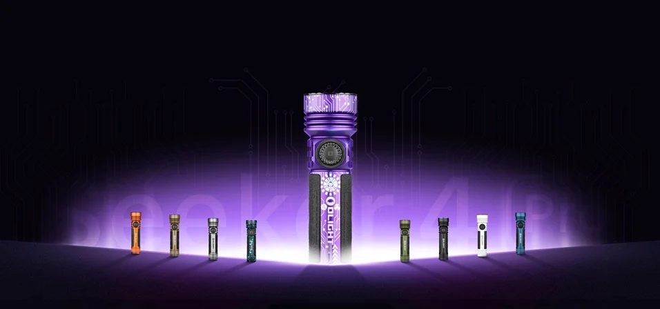 Olight Seeker 4 Pro purple flashlight, flanked by diverse colorful Olight models, glowing tech backdrop.