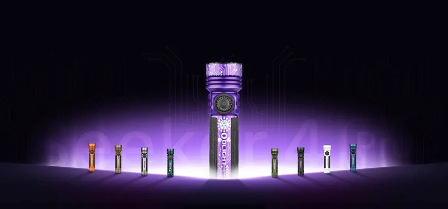 Olight Seeker 4 Pro purple flashlight, flanked by diverse colorful Olight models, glowing tech backdrop.
