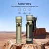 Olight Seeker Ultra flashlight with holster on desert rock showcasing 4800 lumens and 265 meters beam distance specs