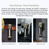 Olight tactical flashlight in a multi-use charging holster on a belt, mounted in a car, and fixed on a wall.