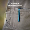 Flat body flashlight with two-way pocket clip, 4.33 inches long, 0.98 inches wide, and 0.59 inches thick.