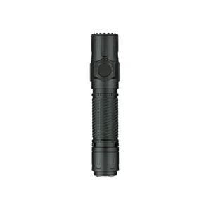 Dark green EDC flashlight with knurled body, side switch, and clip, offering portable illumination for daily carry.
