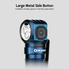 Olight blue right-angle flashlight with large metal side button, enabling simple, glove-friendly operation.
