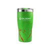 Green Olight insulated travel tumbler with red splatter pattern and clear lid on a white background