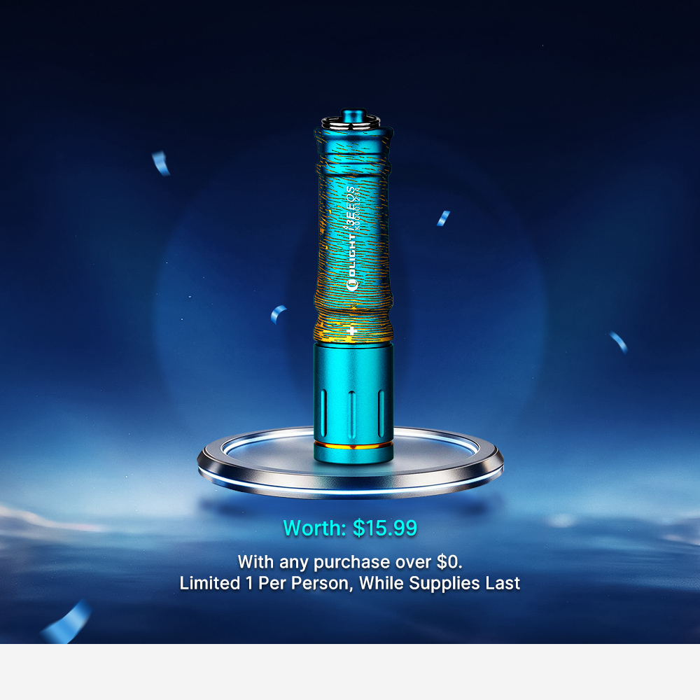Olight i3E EOS keychain flashlight in blue and gold on display stand with promotional gift text on dark blue background