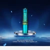 Olight i3E EOS keychain flashlight in blue and gold on display stand with promotional gift text on dark blue background