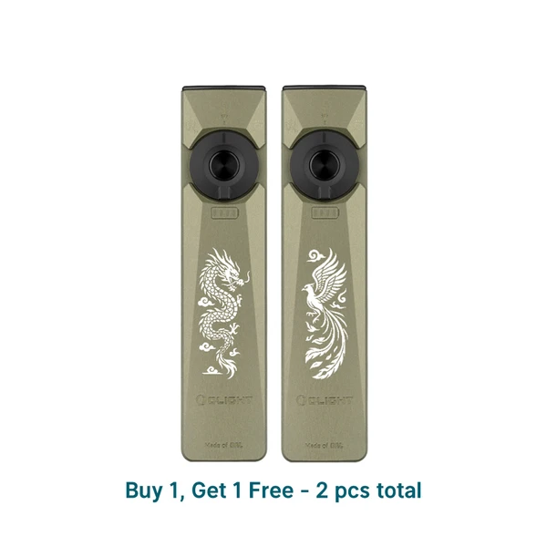 Two Olight Olive Drab Green Arkfeld Ultra Flashlights with Dragon and Phoenix Engravings for Everyday Carry and EDC Use