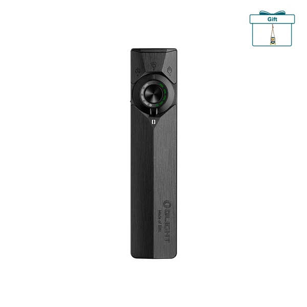 Olight Black ArkPro Flat EDC Flashlight Front View with Selector Dial and Battery Indicator for Everyday Carry
