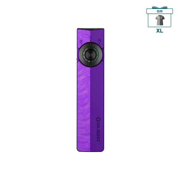 Olight purple flat EDC flashlight with UV light and laser pointer featuring wavy textured design and free gift icon