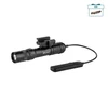 Olight black tactical weapon light with picatinny rail mount and remote pressure switch on white background.of