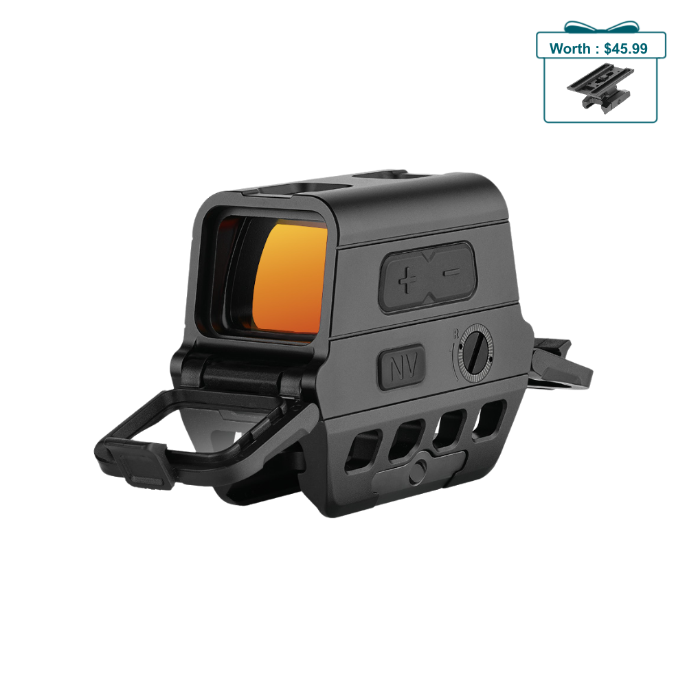 Olight Black Osight R Red Dot Sight 3/4 Isometric View with Charging Cover Open and Bright Orange Coated Lens for Hunting