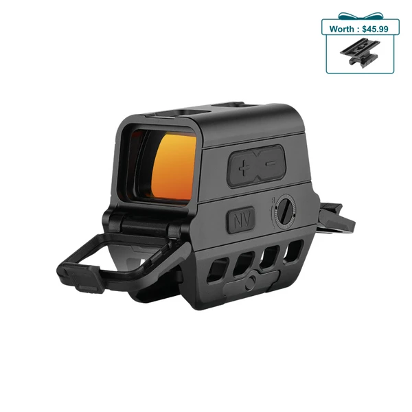 Olight Black Osight R Red Dot Sight 3/4 Isometric View with Charging Cover Open and Bright Orange Coated Lens for Hunting
