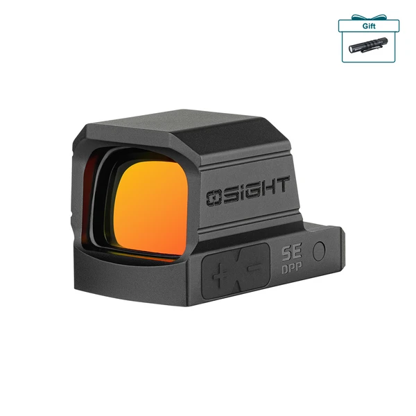 Olight Osight red dot sight with orange tinted glass and side buttons on a white background