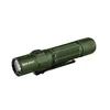 Dark green tactical LED flashlight with pocket clip for outdoor use, Olight brand, side button control