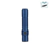 Olight Warrior Ultra metallic blue tactical flashlight with textured grip and free gift offer icon.