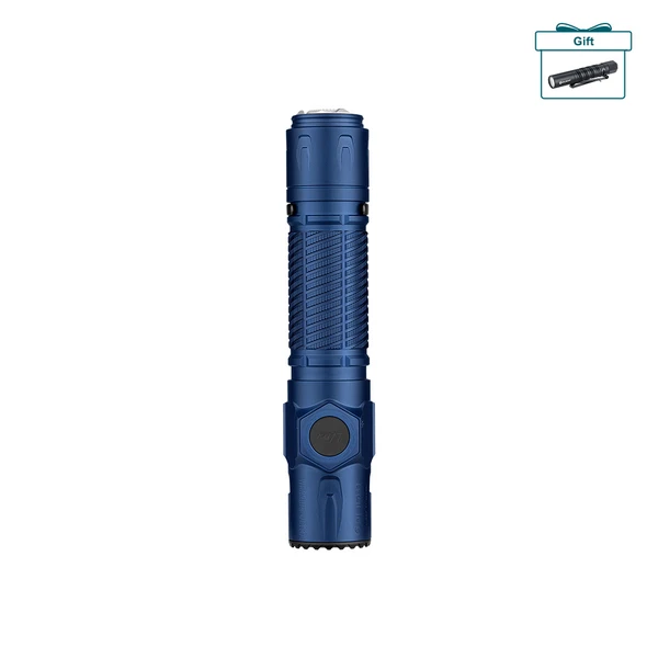 Olight Warrior Ultra metallic blue tactical flashlight with textured grip and free gift offer icon.