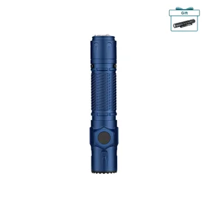 Olight Warrior Ultra metallic blue tactical flashlight with textured grip and free gift offer icon.
