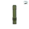 Olight Warrior Ultra tactical flashlight in OD green with textured grip and side switch on white background.of