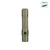 Olight Warrior 3S tactical flashlight in OD green with textured grip and side switch on a white background.of